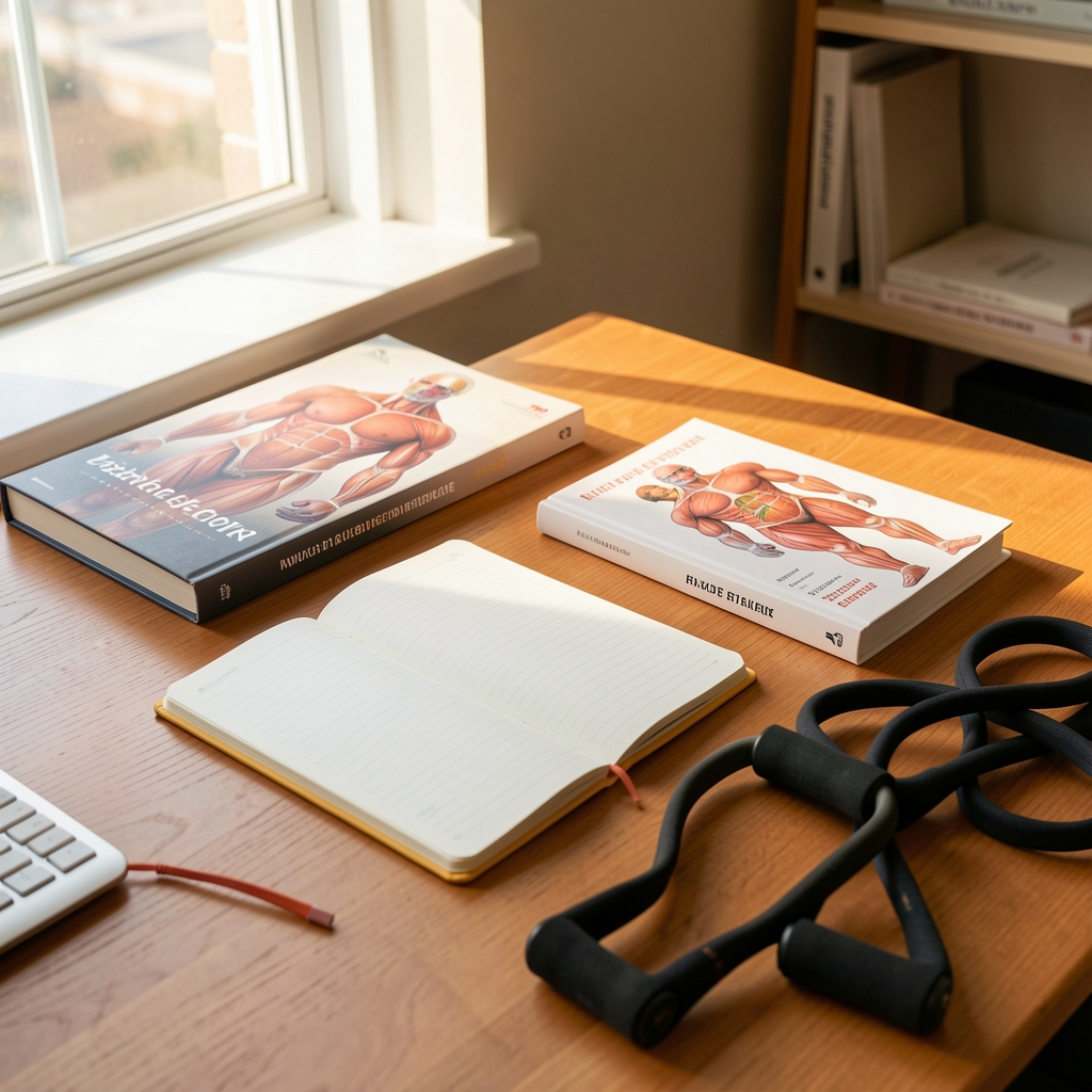 Editorial fitness workspace with anatomy books, notebook, resistance bands, and warm daylight