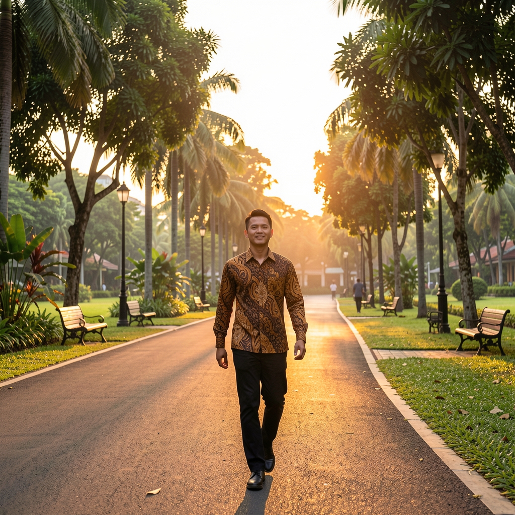 Mature Indonesian man walking confidently beside a Jakarta park path at sunrise