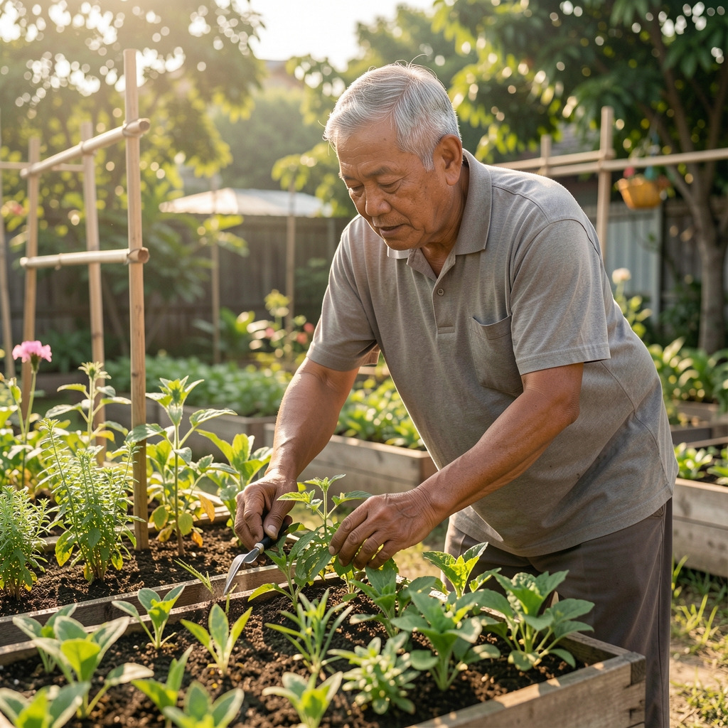 Active older Indonesian man tending plants in a sunny community garden with steady posture