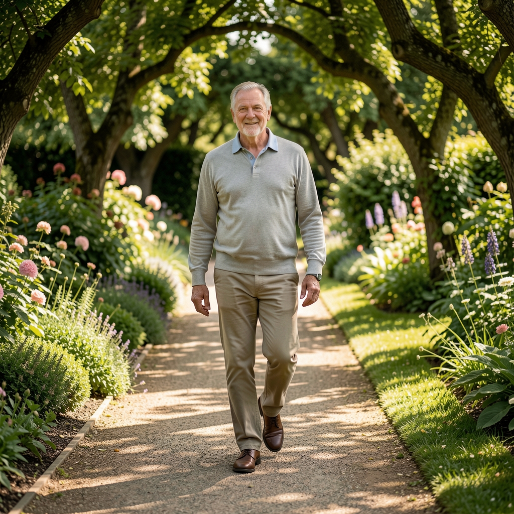 Mature man walking carefully along a broad shaded garden path with relaxed shoulders