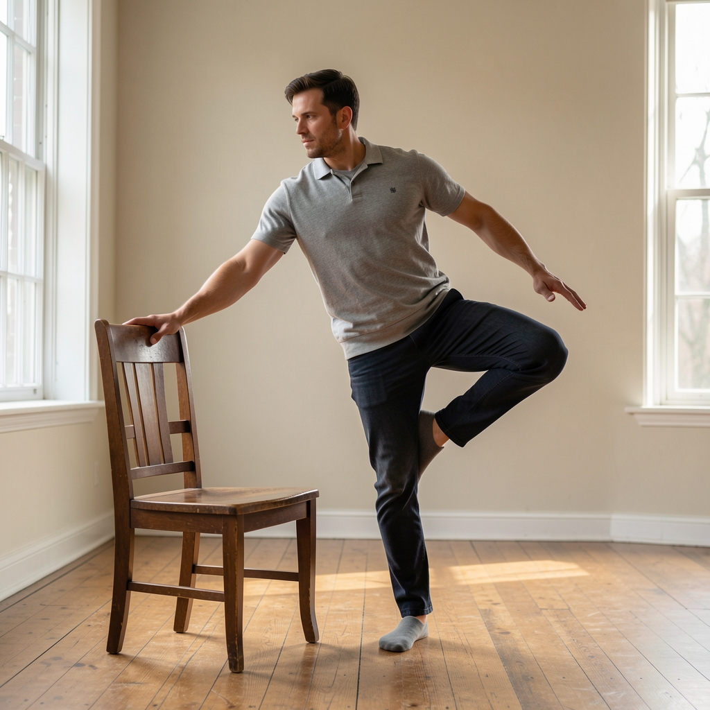 Older Indonesian man practicing supported single-leg balance beside a sturdy chair indoors
