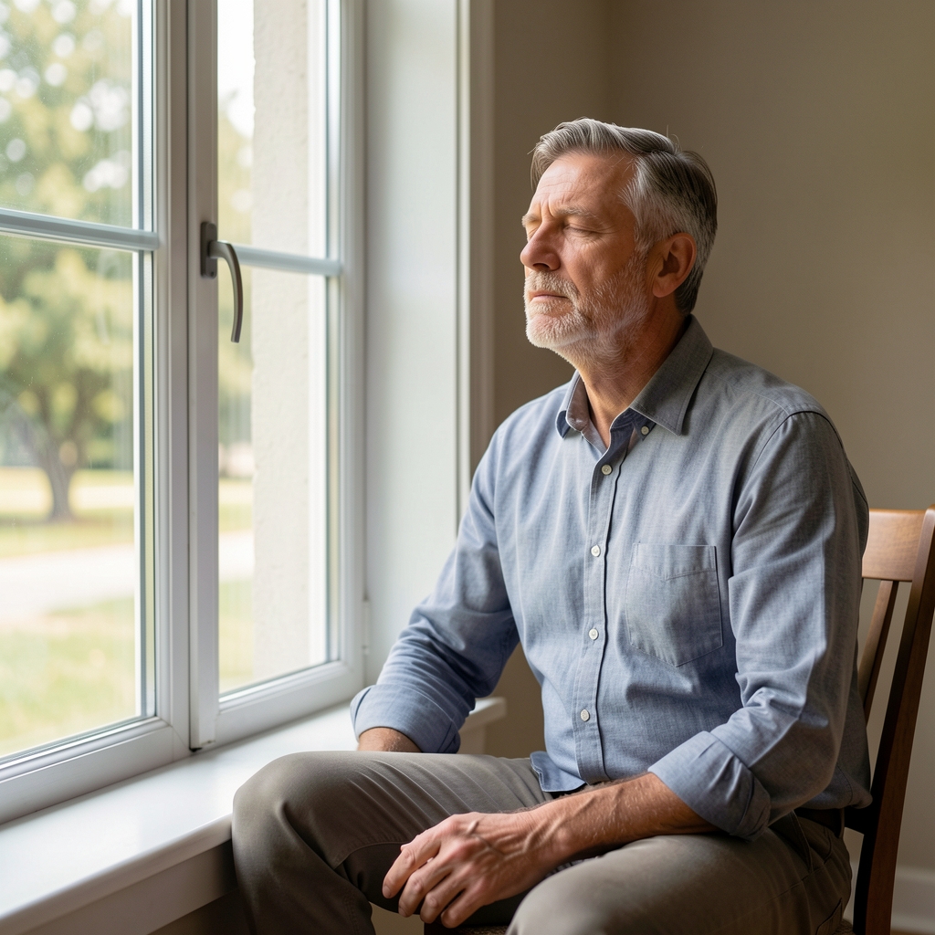 Mature man sitting upright beside a window practicing calm breathing before a walk