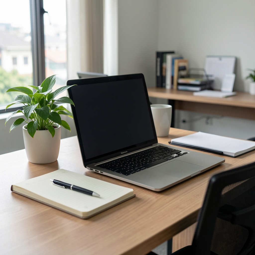 Editorial desk with laptop, notebook, pen, and calm green plant in a Jakarta workspace