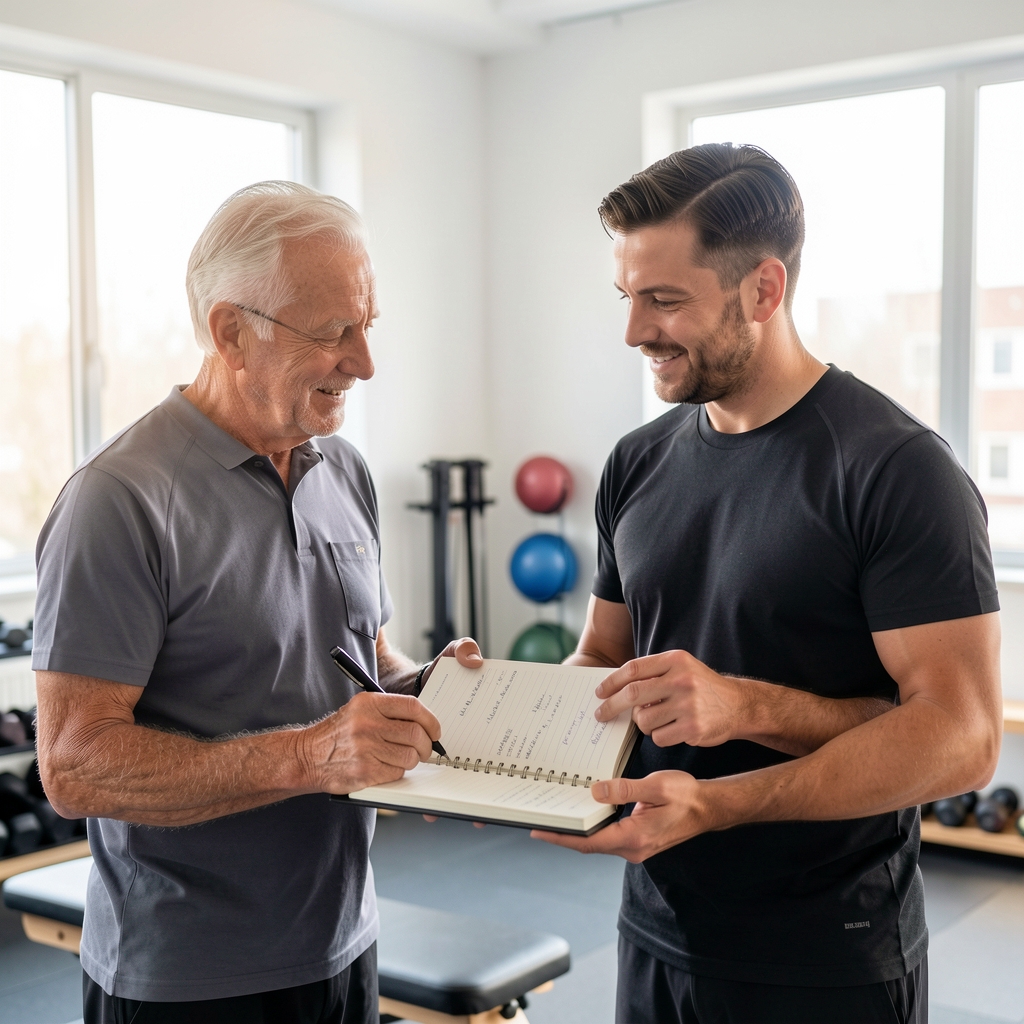 Older man and qualified exercise professional discussing a training notebook in a bright studio