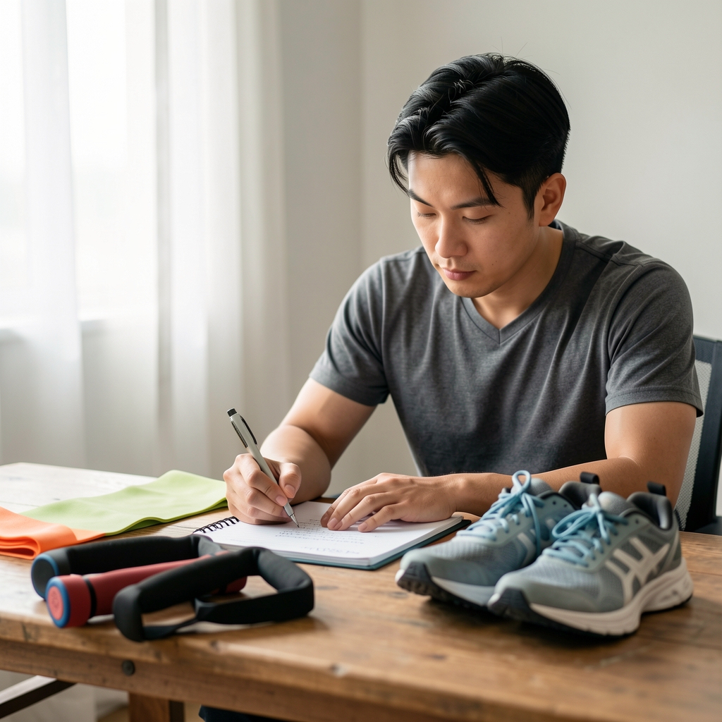 Older Southeast Asian man writing training notes beside resistance bands and running shoes on a wooden table