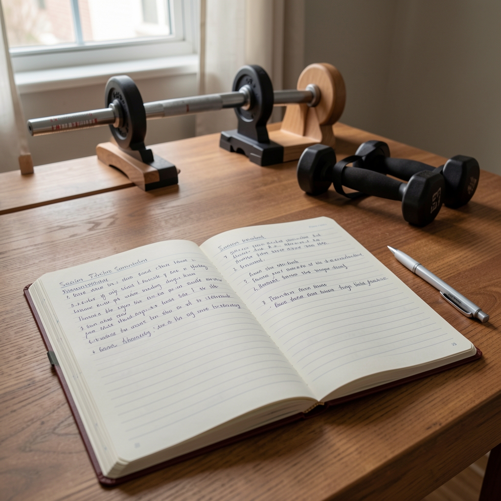 Open training notebook with handwritten session notes beside a modest home exercise setup