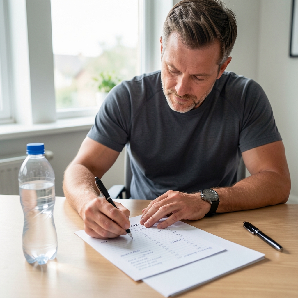 Man over 35 planning a weekly training schedule on paper beside a water bottle and watch