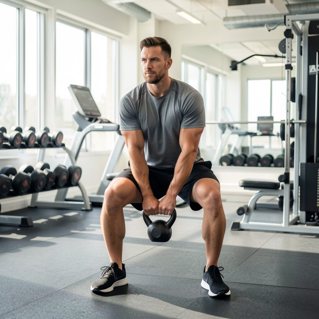 Mature Indonesian man performing controlled kettlebell training in a bright functional gym