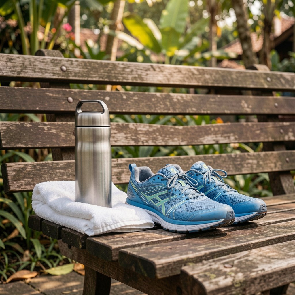 Reusable water bottle beside towel and running shoes on a shaded outdoor bench in Indonesia