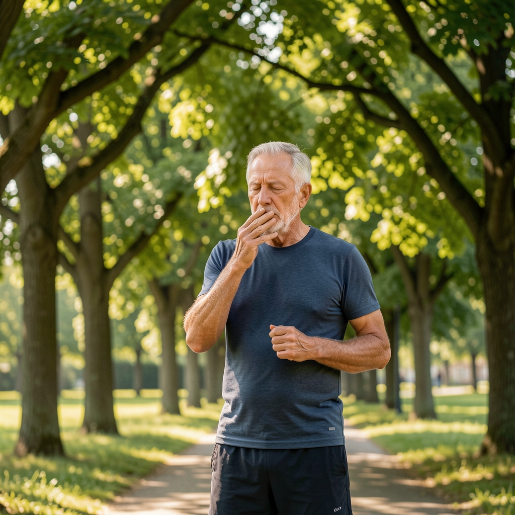 Mature runner pausing beneath leafy trees while practicing calm breathing after a walk