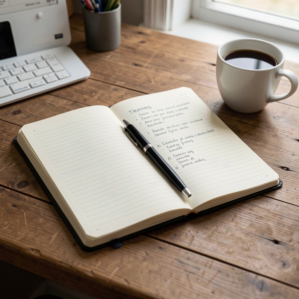 Open field notebook with pen, training notes, and coffee on a wooden editorial desk