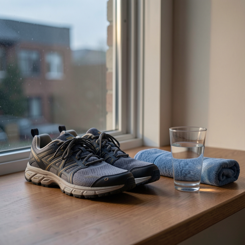 Quiet evening recovery scene with walking shoes, water glass, and folded training towel beside a window
