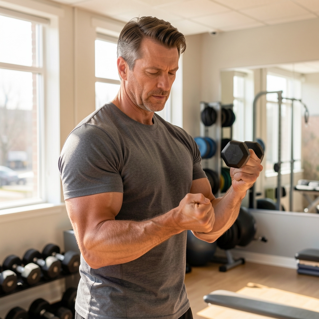 Man over 35 lifting a light dumbbell with careful posture in a sunlit community studio