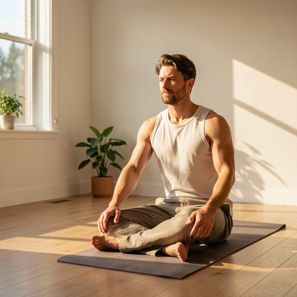 Mature Indonesian man performing a gentle morning mobility sequence in a sunlit room