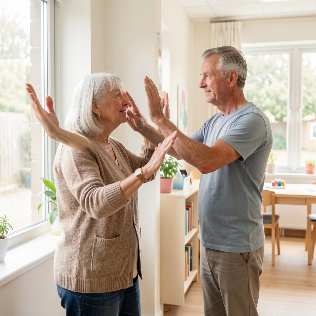 Older woman and man practicing gentle reaching movements beside a supportive wall in a bright community room
