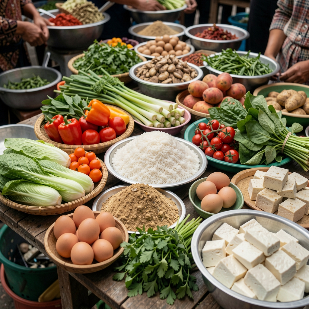 Indonesian market table with colorful vegetables, rice, eggs, tofu, and fresh herbs arranged naturally