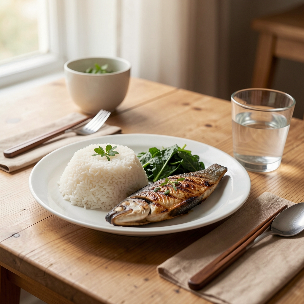 Balanced Indonesian home meal with rice, grilled fish, greens, and water on a simple table