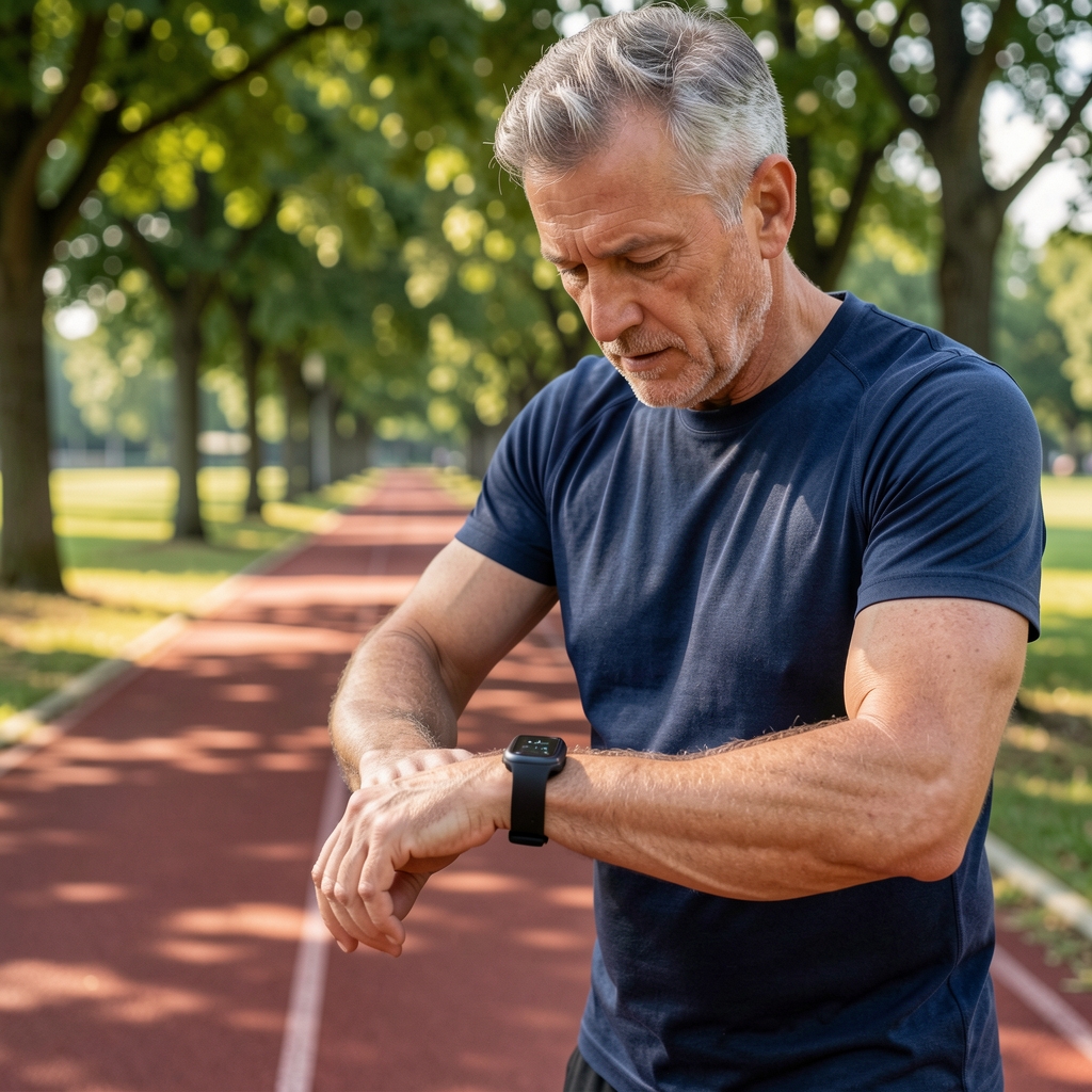 Close view of a mature runner checking a simple heart-rate watch beside a shaded track