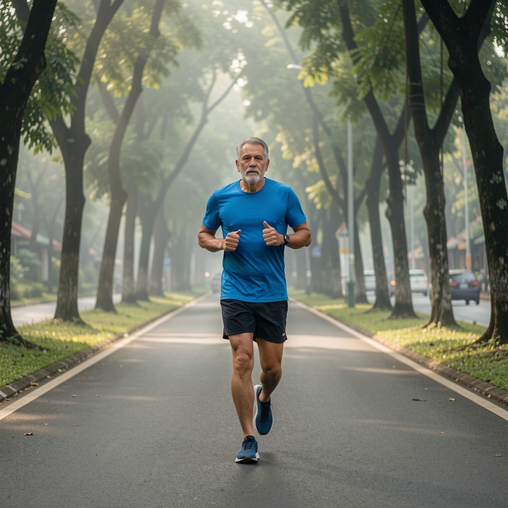 Mature runner moving at an easy pace on a tree-lined Jakarta path in humid morning light