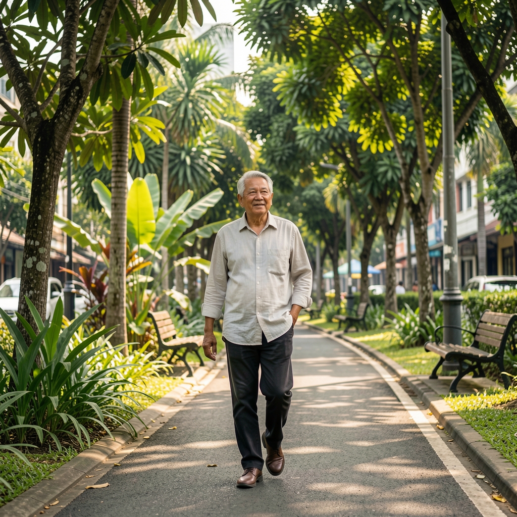 Older man taking a relaxed recovery walk beside a leafy urban park in Indonesia