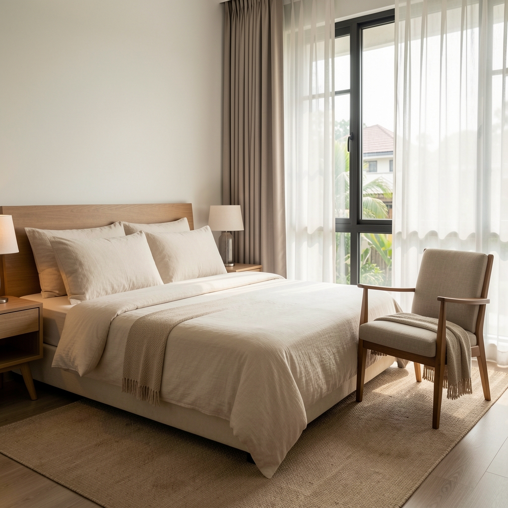 Calm bedroom with natural light, linen bedding, and a simple reading chair in Jakarta home