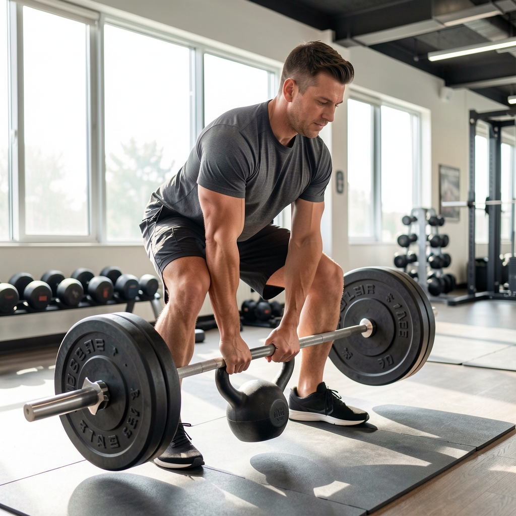 Mature Indonesian man practicing a controlled kettlebell deadlift in a bright training studio