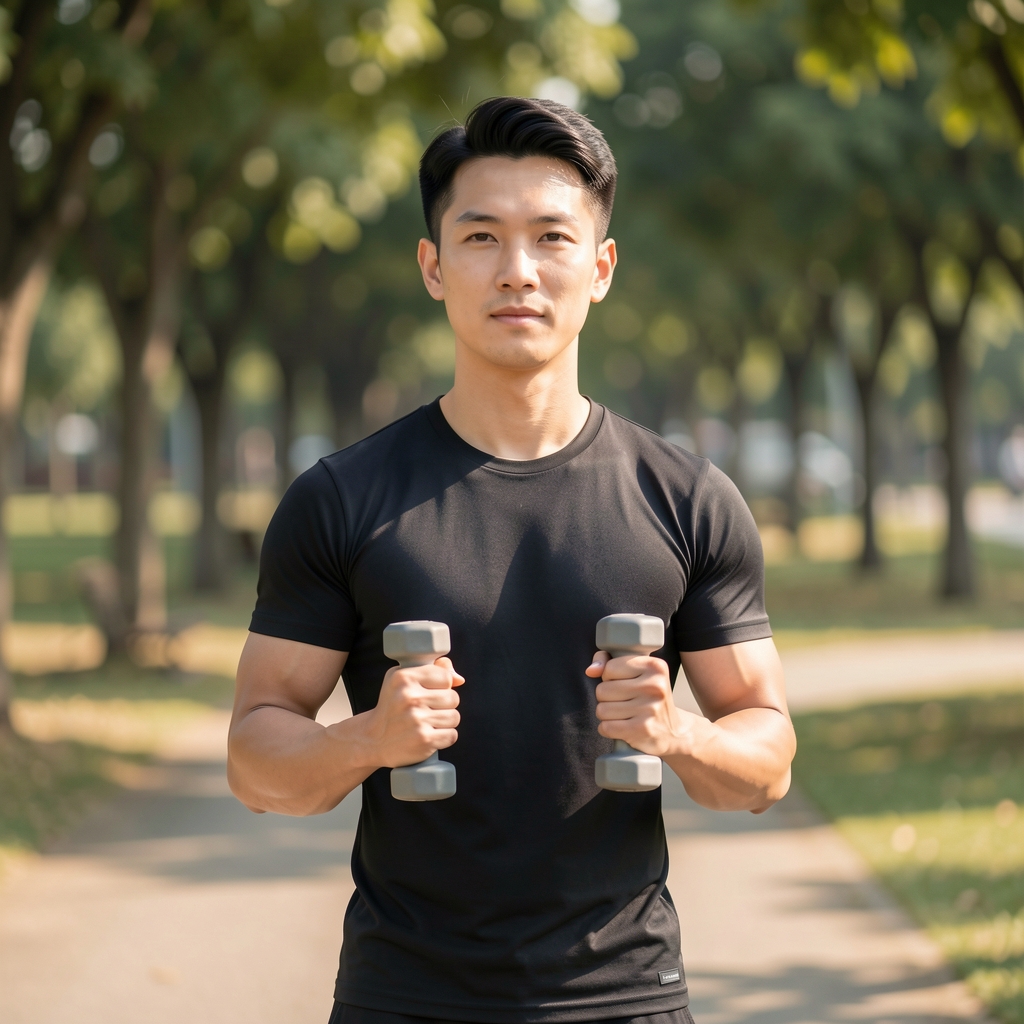 Older Southeast Asian man carrying two light training weights with stable posture outdoors