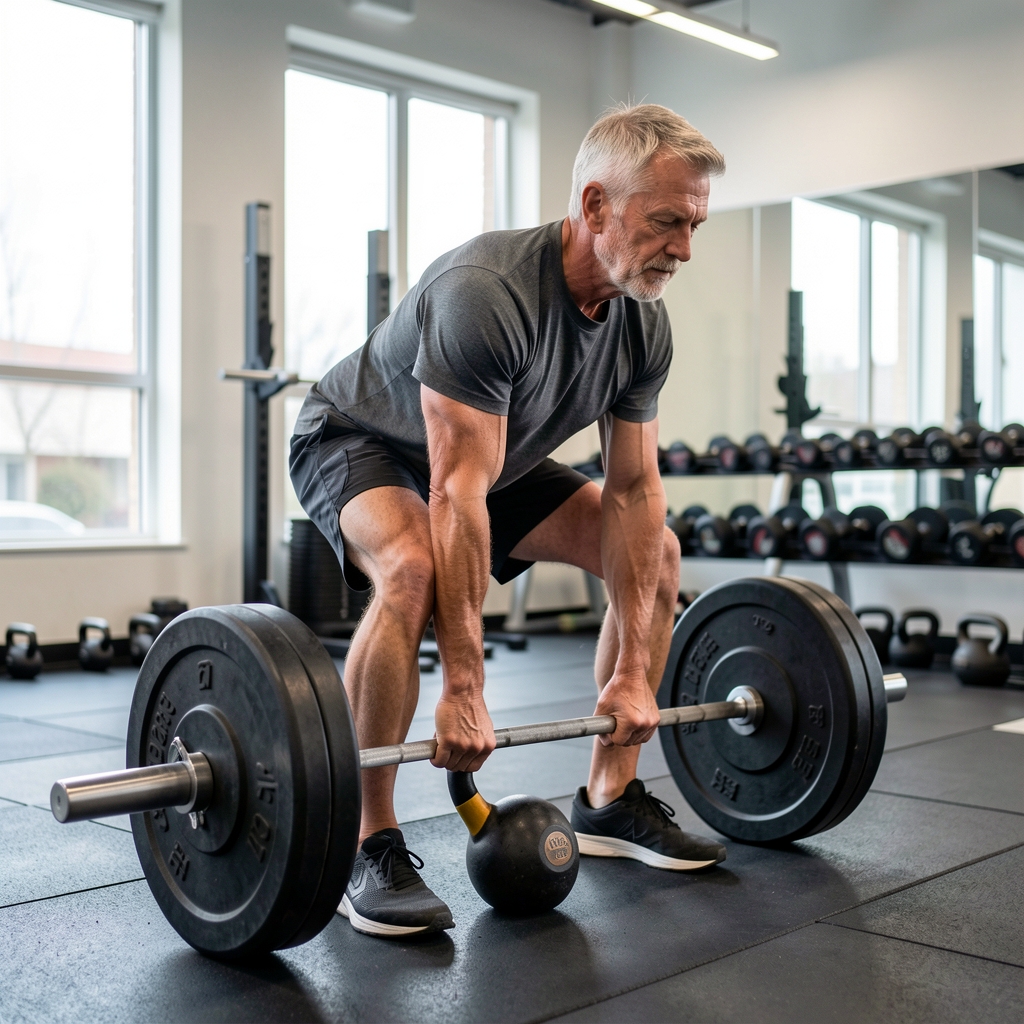 Mature man practicing a controlled kettlebell deadlift in a well-lit training room