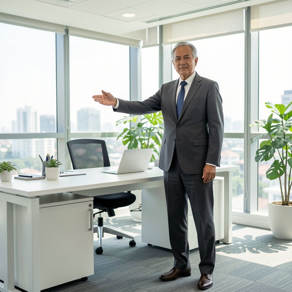 Mature professional performing a gentle standing stretch beside a bright Jakarta office desk